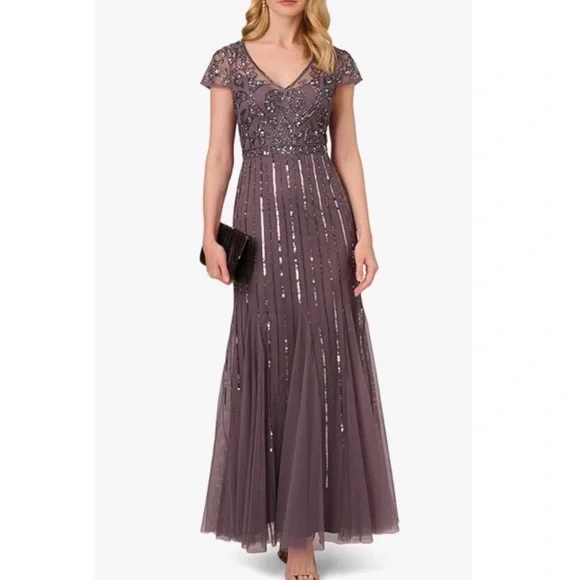 Adrianna Papell | Dresses | Adrianna Papell Beaded Sequin Short Sleeve Gown  | Poshmark